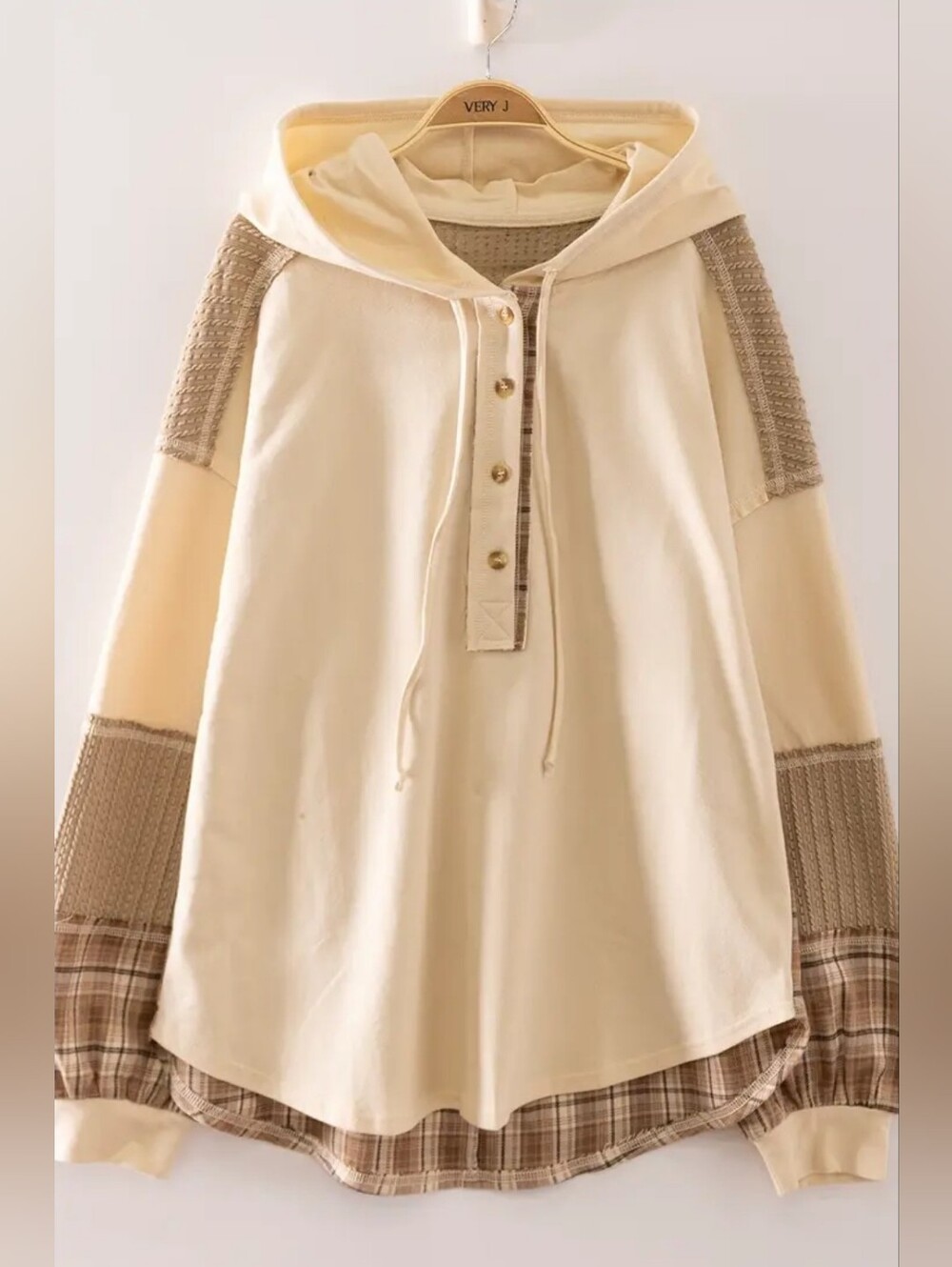 Very J Cream Hooded Button-Placket Pullover with Plaid Hem